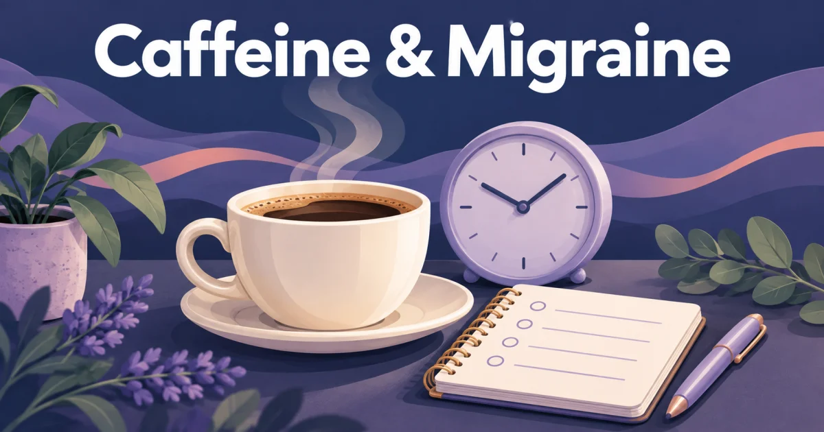 Illustrated coffee cup, clock, and notebook for recording caffeine and migraine