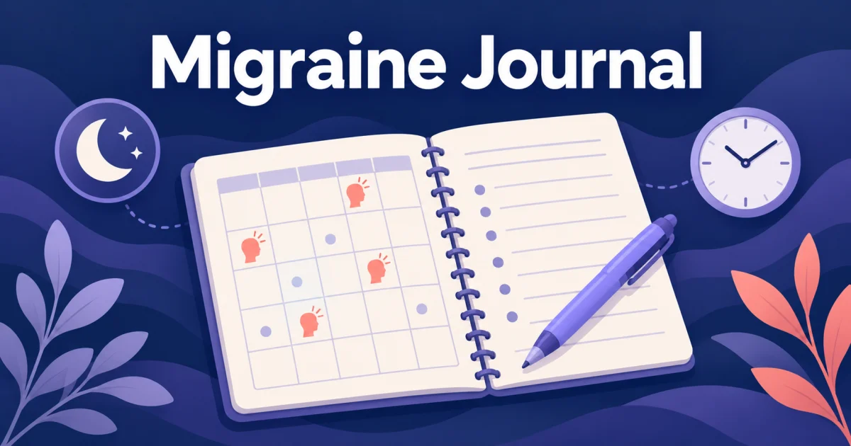 Illustrated migraine journal with a calendar, headache markers, pen, moon, and clock