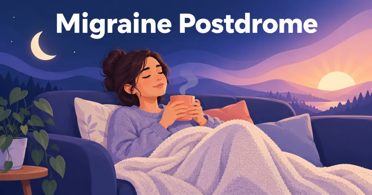 Illustrated person resting on a sofa under a blanket and holding a steaming cup, with a crescent moon and a soft rising sun