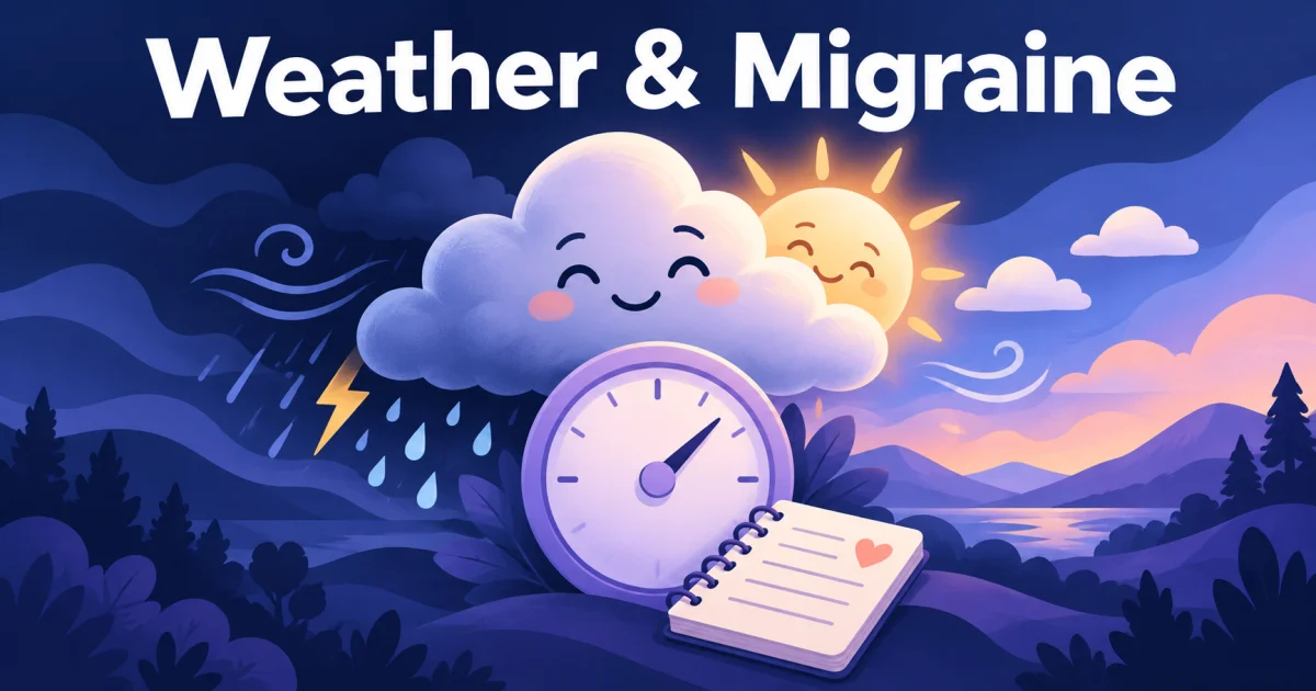 Illustrated changing weather, pressure gauge, and diary for tracking migraine patterns